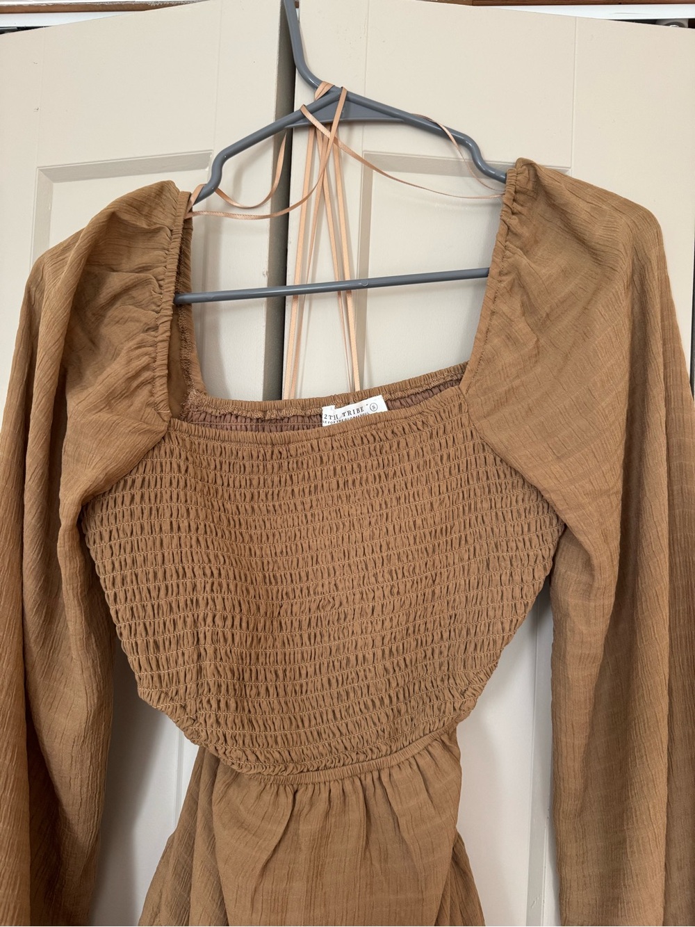 12th Tribe Brown Smocked Puff-Sleeve Tiered Mini Dress - Picture 2 of 5
